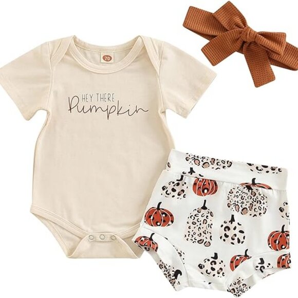 Amazon Baby Girl Fall Pumpkin Outfit Tan / White Size 6 Months NWT - Picture 1 of 6